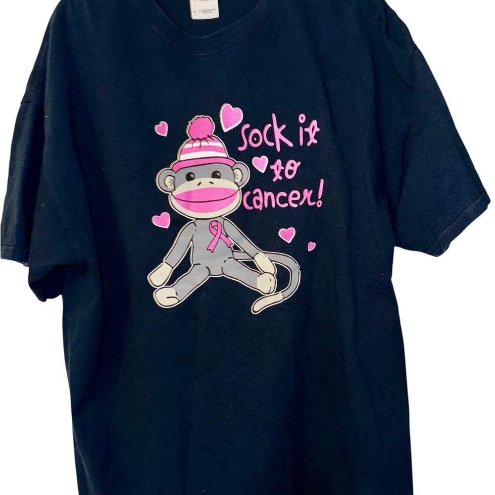 Gildan Ultra Cotton Blue T-Shirt - Sock it to Cancer - pink Ribbon - sock monkey